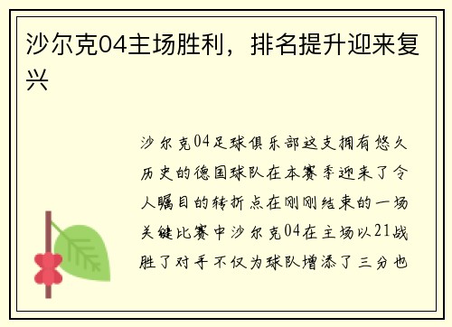 沙尔克04主场胜利，排名提升迎来复兴