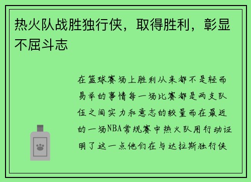 热火队战胜独行侠，取得胜利，彰显不屈斗志